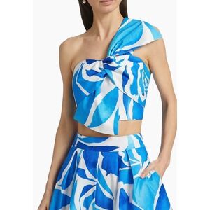 Mills Laney Bow Printed Crop Top $295 Blue White Shirt NWT Size M